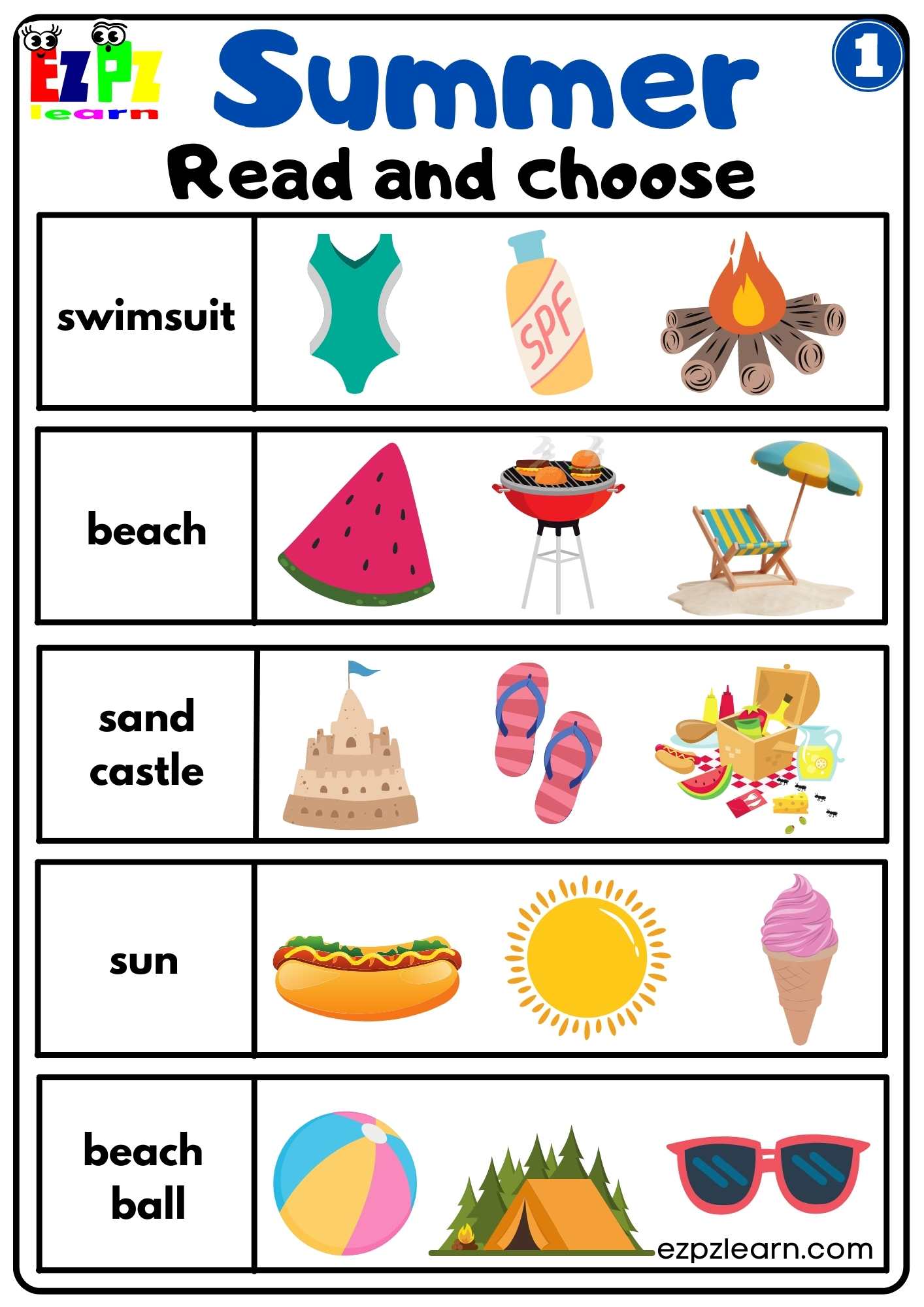 Summer Read And Choose Activity For Kids Set 1 Ezpzlearn